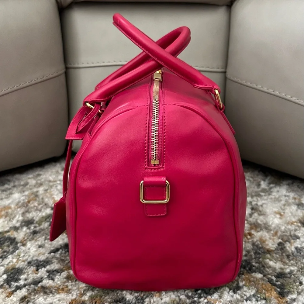 SAINT LAURENT FUCHSIA YSL 2 WAY LEATHER DUFFEL BOSTON CROSSBODY BAG CARDS & COA - Picture 5 of 16